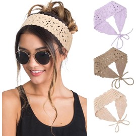 Hippie Hair Bandanas Headbands for Women Boho Headband Knit Hair Bands Floral Head Wrap for Girls (Light purple+beige+khaki, One size)
