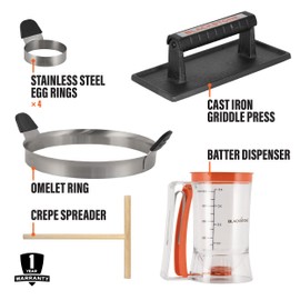 Plastic Batter Dispenser, Cast Iron Bacon Griddle Weight Press, 10 Inches Stainless Steel Omelet Egg Ring, Wood Wooden Crepe Spreader Spatula