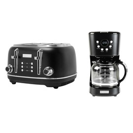 Haden Heritage 4 Slice Wide Slot Stainless Steel Toaster Bundled with 12 Cup Programmable Drip Coffee Maker Coffee Machine, Black & Chrome