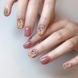 SJUIEO 24 Pieces Almond Nails False Nails Women Nails Floral Acrylic Nails Press Nails Girls Nails Full Cover Nails Reusable Nails Glitter Nails