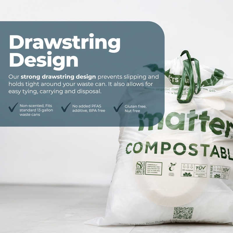 Matter Compostable 13 Gallon Tall Kitchen Trash Bags with Drawstring,
