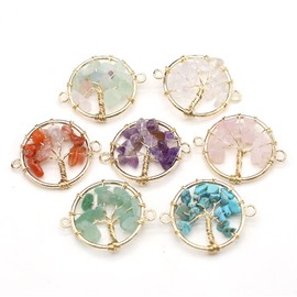LE SKY 8 Pcs Natural Chip Stone Pendant Connectors Mixed Crystal Stone Wire hand knitting Round Shape Life Tree Charms for Jewelry Making Necklace Bracelet DIY