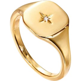 Gold Plated Engraved Signet Ring with Star | Lightweight Thick Statement Rings for Women | Everyday Jewelry (Golden, One size)