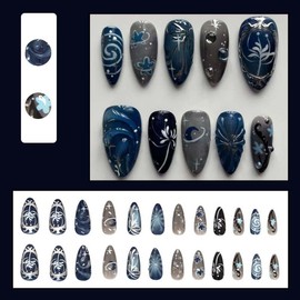 Press on Nails Short Almond LINMEIZAI Fake Nails Press ons Nail Tips Glue on Nails Full Cover Acrylic Nail Kit Supplies False Nails Stickers Nail Art with Fantasy Sky Design for Women Manicure 24Pcs