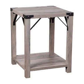 Taylor & Logan Willard Gray Wash Wood Two Tier Modern Farmhouse End Table with Black Metal Corner Accents and Cross Bracing