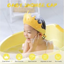 Gorro de Ducha para Niños, Gorro de Lavado de Pelo para Niños, Gorro de Baño para Bebe, Gorro de Ducha de Silicona Suave con Protección para Los Oídos y Los Ojos, de Longitud Ajustable Gorro de champú en Forma de Corona (Amarillo)