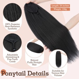 TESS Drawstring Clip in Ponytail Hair Extensions for Women UK, Straight 24 Inches 140g #1B Natural Black