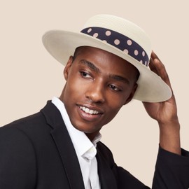 Pineapple&Star Deor Boater Straw Sun Hat Beach Fine Braid UPF50+ for Women Men (Medium, Off-White DottiBlue)