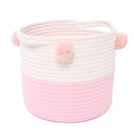RengaoRise Small Woven Basket With Handles Pom Pom, 9.8 x 9.8 x 7.8 inch Pink-White Round Basket Cute Cotton Rope Decorative Empty Gift Basket for Baby Shower, Easter, Valentine's Day