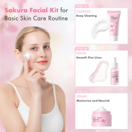 Skincare Gift Set for Women & Teen Girls - Sakura SkinCare Set with Foaming Cleanser, Smoothing Serum, Hydrating Cream, Skin Care Gift for Her