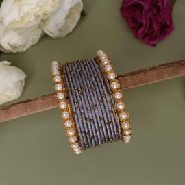 Efulgenz Indian Gray Silk Thread Bangle Set With Faux Pearl Bangle Indian Bangles for Women for Wedding Boho Bracelet Bangle Bollywood Fashion Statement Jewelry