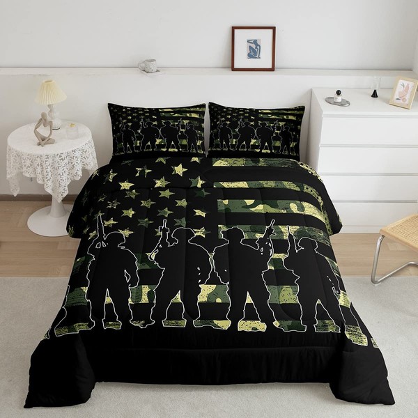 American Flag Comforter Set Twin for Boy Teen ArmyGreen Camouflage