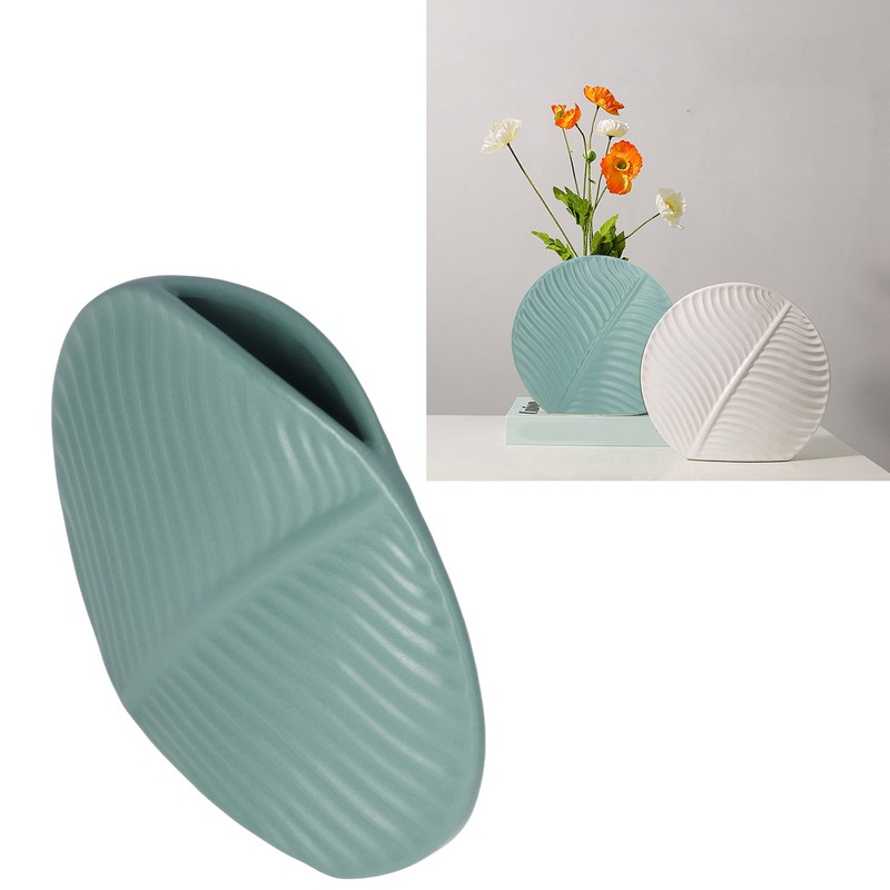 Leaves Pattern Ceramic Vase Nordic Style Dark Green Flat Leaf