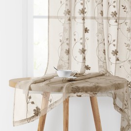 HOMEIDEAS Taupe Sheer Curtains 96 Inches Long 2 Panels Beige Embroidered Floral Pattern Semi Sheer Window Curtains for Bedroom Living Room
