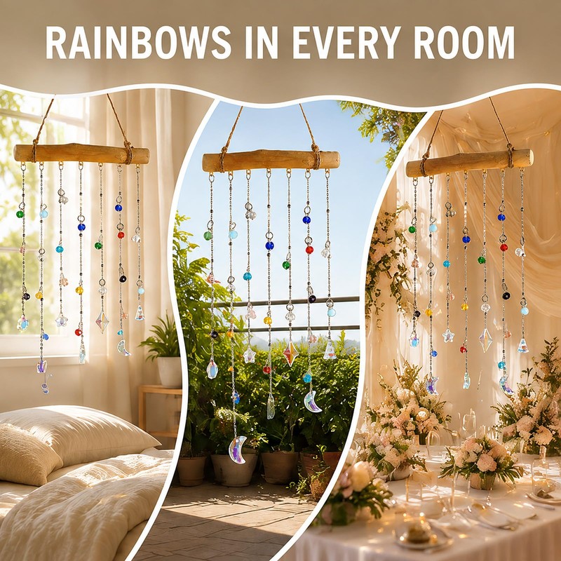 Crystal Sun Catcher,Rainbow Suncatcher Wooden Hanging Prism Window Decor