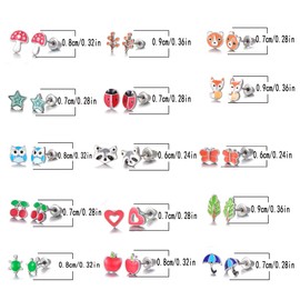 30 Pairs Stainless Steel Mixed Color Cute Animals Fox Heart Star Ladybug Bee Frog Mushroom Tree Daisy Umbrella Rose Gold White Pearl CZ Jewelry Stud Earrings Set (animal tree pearl)