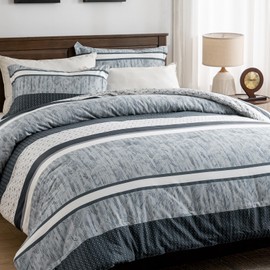 Finlonte Queen Comforter Set, Striped Queen Comforter Bedding Set, Cotton Fluffy Cozy Comforter, Luxury Minimalist Lightweight Quilted Comforter All Season, Grayish-Blue/White, 90"x90"