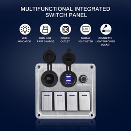 Xhtechnology Marine Boat Rocker Switch Panel,Waterproof 4 Gang Multi-Function Toggle Light Switch Panel with Dual USB and Voltmeter Panel for RVs, Cars, Boats, Trucks,Trailers 12-24V (Silver, 4 Gang)