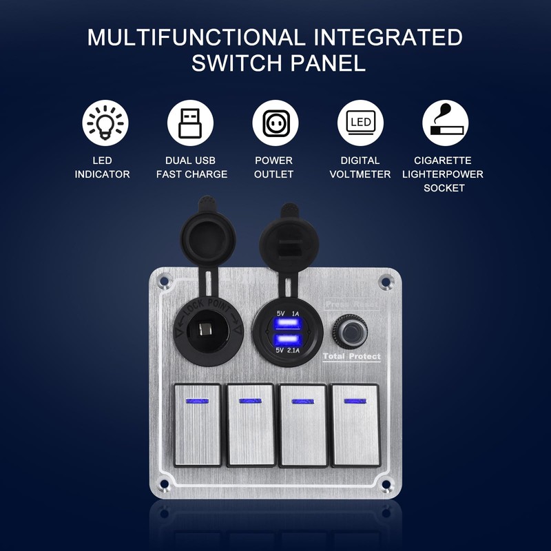 Xhtechnology Marine Boat Rocker Switch Panel,Waterproof 4 Gang Multi-Function Toggle