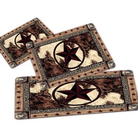 Western Kitchen Rug Sets 3 Piece Texas Star on Wood Panel Rustic Country Comfort Mat Farmhouse Vintage Floor Mats Washable Doormat Anti Fatigue Non-Slip Kitchen Runner Rugs Bedroom Area Carpet,Brown