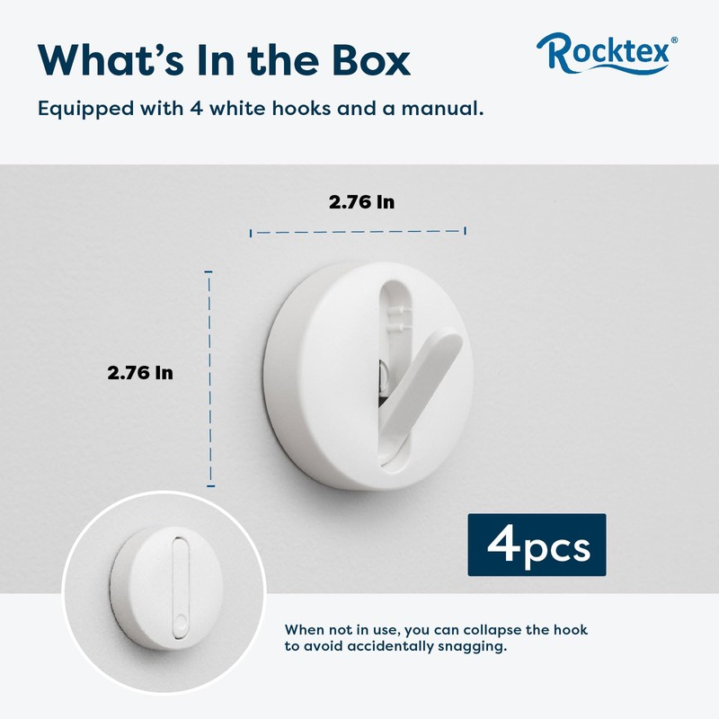Rocktex 4 PCS Foldable Adhesive Wall Hooks - 4.4 lbs