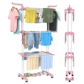 Bigzzia Clothes Drying Rack, 67.7 Inch Laundry Drying Rack with Foldable Base, 4 Tier Stainless Steel Drying Rack Clothing, Movable Laundry Rack for Indoor Outdoor-Pink