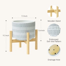 LA JOLIE MUSE Ceramic Plant Pot with Wood Stand - 7.3 Inch Modern Round Decorative Flower Pot Indoor with Wood Planter Holder, Slate Blue and White