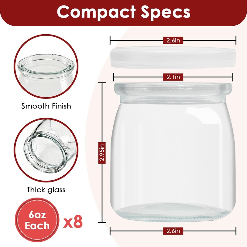 Suteck Small Yogurt Jars with Lids 6oz, 8 Pcs Reusable