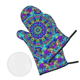 Mandala Boho Oven Mitts and Pot Holders Sets of 4, Cute Vintage Heat Resistant Oven Mitts - Non-Slip Cooking Gloves for Kitchen Baking Grilling BBQ