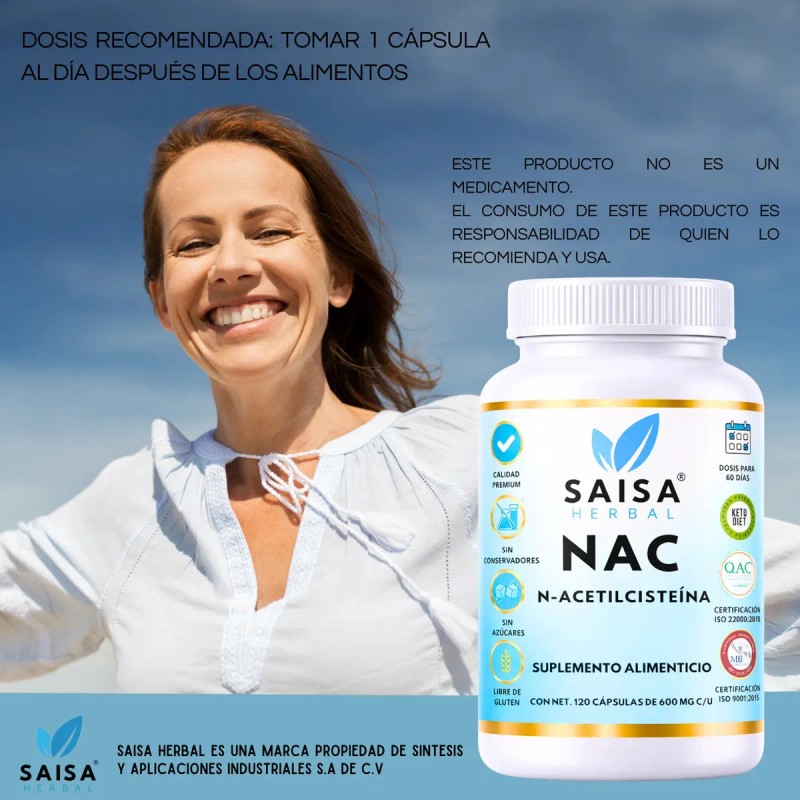 Nac Acetilcisteína 600 120 Cáps Saisa Herbal Suplemento Natural Antioxidante