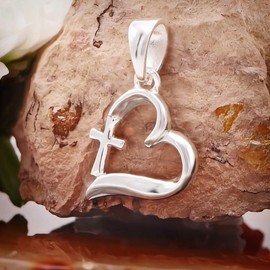 CLEVER SCHMUCK Cross Necklace in Heart Silver 19 mm & Anchor Chain 40 cm for Children Christening Gift 925 Sterling in Christening Case