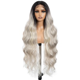 DÉBUT Long Wavy Synthetic Lace Front Wigs 13x4 Middle Part Body Wave Wig for Women Slight Pre Plucked Hairline with Baby Hair Ombre Grey 36 Inches