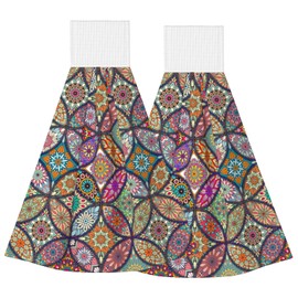 YINFILAN Mandala Floral Kitchen Tie Towel Multicolored Geometric Pattern Hanging Kitchen Hand Towels Set of 2 Hang Dish Towel Absorbent Soft Bath Towel for Bathroom