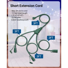 DEWENWILS Christmas Outdoor Extension Cord 1 to 3 Splitter, Total 12FT, 13A 125V 1625W 16/3C SJTW Extension Cord Outdoor, Heavy Duty Extension Cord for Holiday Decorations, Outdoor Light, ETL