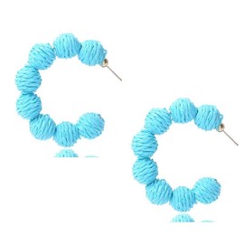 Rattan Hoop Earrings for Girls Boho Raffia Ball Dangle Earrings Hot Pink Earrings for Women Beach Earrings (blue)