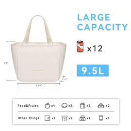 Lunch Bag for Women, 9.5l Insulated Lunch Bag,Pu Leather Lunch Bag, Waterproof and Leakproof,With Compartments,Widened Handles, Large Capacity and Foldable, Suitable for Office, School,Outdoor (White)