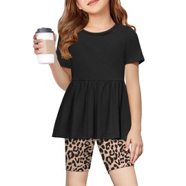 Arshiner Summer Outfits for Girls Short Sleeve Ruffle Top and Leopard Print Shorts Set 8-9 Years