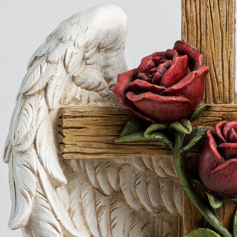 ShineOnAngel 12" Angel Wings Embracing Cross and Rose Garden Statue