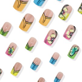 Colorful French Tip Press on Nails Medium Square Fake Nails with Butterfly Designs Spring False Nails Summer Stick on Nails Floral Full Cover Reusable Glue on Nails for Women Girls Manicure 24Pcs