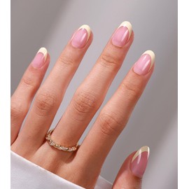 Butter Yellow Press on Nails - GJZEZ Soft Gel Pale Yellow Cream French Tip Oval False Nails, Salon Look Comfort Fits Short Round Nail for Women | 16 Sizes - 32 pcs Reusable Nail with Glue, Peach Puff