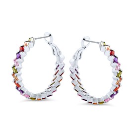 Geometric Wedding Modern Bride Multi Color Cubic Zirconia CZ Baguettes Statement Large Hoop Earrings For Women Prom Silver Plated Lever back 1.2 Inch Diameter