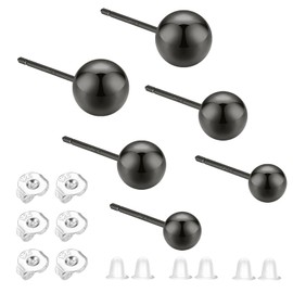 3 Pairs of 925 Stud Earrings, Black, Women's Stud Earrings, Men's Earrings, 925, Hypoallergenic, with 3 Pairs of Silver Earplugs and 3 Pairs of Transparent Ear Plugs (3 mm, 4 mm, 5 mm), Sterling