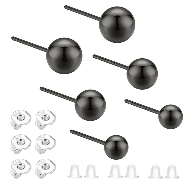 3 Pairs of 925 Stud Earrings, Black, Women's Stud Earrings,