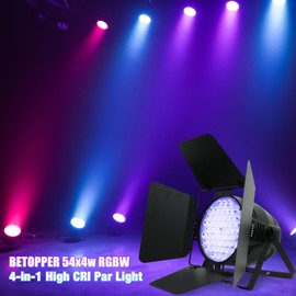Betopper 54x4W High CRI Par Light with Barn Doors, CRI/RA>90 RGBW 4 in 1 Ultra-Bright LED Stage Lighting, Up to 5000 Lm, Party Disco DJ Light for Photography, Club, Wedding, Show, 1 Pack