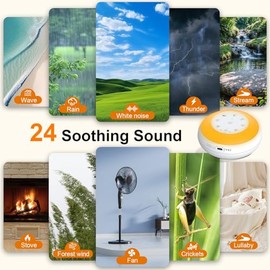 Portable White Noise Sound Machine for Baby, Kids, Adults Sleep - 24 Soothing Natural Sounds, 7 Color Night Light, Portable Wireless Bluetooth Pillow 