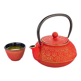 Restaurantware-30 Ounce Japanese Teapot, 1 Enamel Coated Japanese Tea Kettle - Cherry Blossom Design, Includes Mesh Strainer, Red Cast Iron Primitive Kettle, For Teabags And Loose Leaf Tea