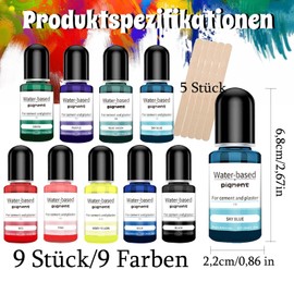 Altaroo Pack of 9 Colour Pigments for Casting Powder, Casting Powder, Colour 9 Colours with 5 Stirrers, Paint for Casting Powder, Water-based Pigment for Concrete Paint, Plaster, Cement Paint, Ceramic