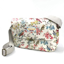 Baly Selective Small Size Cambridge Saddle Bag Crossbody Magnet Buckle Handbag Water Resistant Shiny Oilcloth Shoulder Carrying Floral Roses/Birds Pattern (Small, White Floral & Birds)