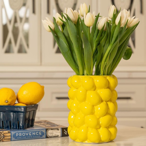 BIEN BEAU Lemon Vase -7 Inch Tall Yellow Ceramic Mediterranean