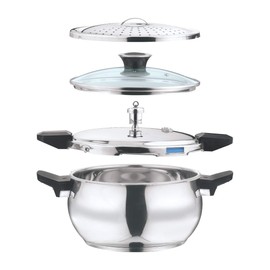 Vinod 18/8 Stainless Steel Outer Lid Magic Pressure Cooker - 3.5 L with Pressure Cooker Lid, Straining Lid and Glass lid (Induction and Gas Stove Friendly), Silver